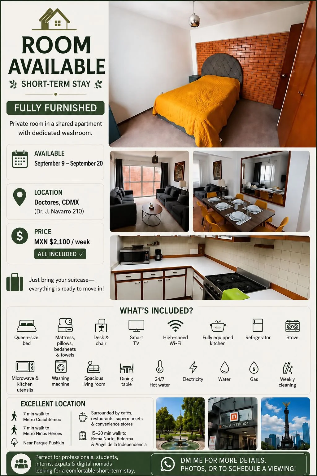 Private Furnished Room in Doctores, Mexico City